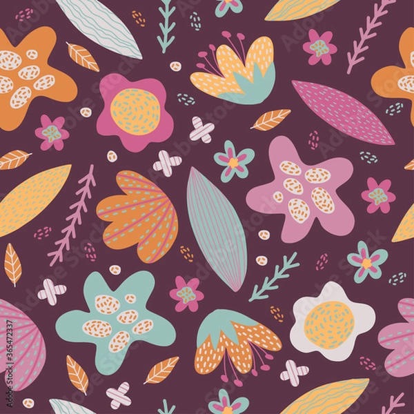 Fototapeta Seamless vector pattern with flowers and leaves in autumn colors. Perfect for fabric or textile. Colorful background.