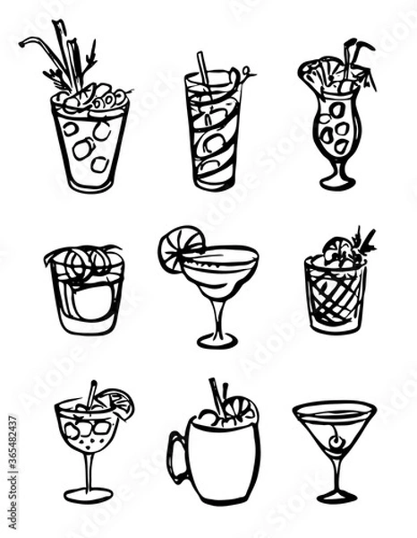 Fototapeta Collection set of icon hand-drawn doodle cartoon style vector illustration. Various alcohol cocktail glasses high ball martini margarita old fashioned Moscow mule. For card, poster or bar menu recipe