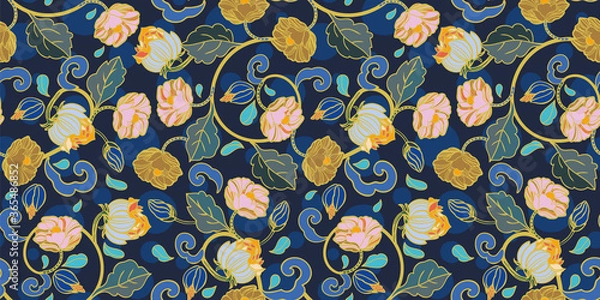 Fototapeta Vector royal baroque intarsia style floral pattern, seamless design with hand drawn historic florals on dark blue background. Nature background. Surface pattern design.