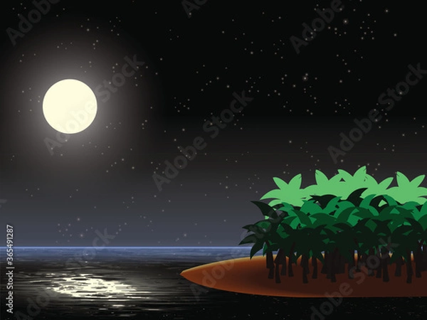 Fototapeta Tropical-Island under a full moon and starry night sky with reflection in water.