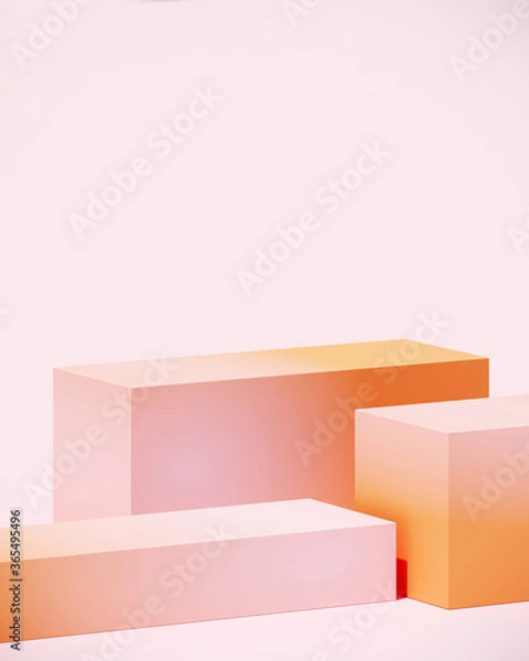 Fototapeta Minimal abstract mockup background for product presentation. Colorful blending vibrant gradient podium on pink background. Clipping path of each element included. 3d render illustration.