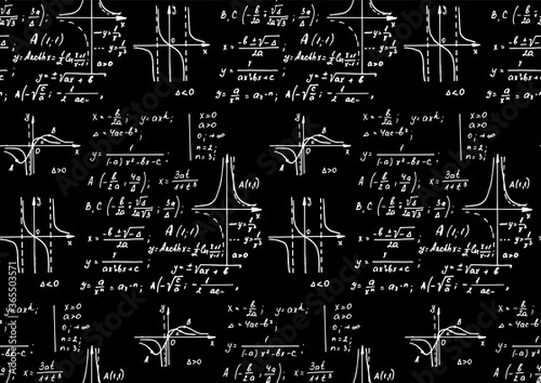 Fototapeta Vintage scientific and education background. Mathematical law theory and formula equation on blackboard. Vector hand-drawn seamless pattern.