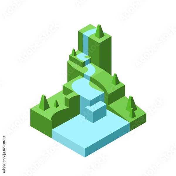 Fototapeta Polygonal model landscape. Waterfall in isometric. Vector illustration