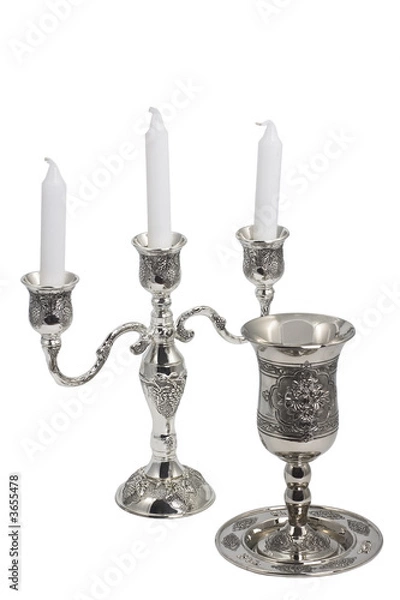 Obraz Silver kiddush wine cup and candlestick isolated