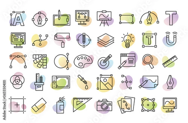 Fototapeta Set line icons of graphic design. Simple vector linear icons in a modern style flat. Graphic design, creative package, software.