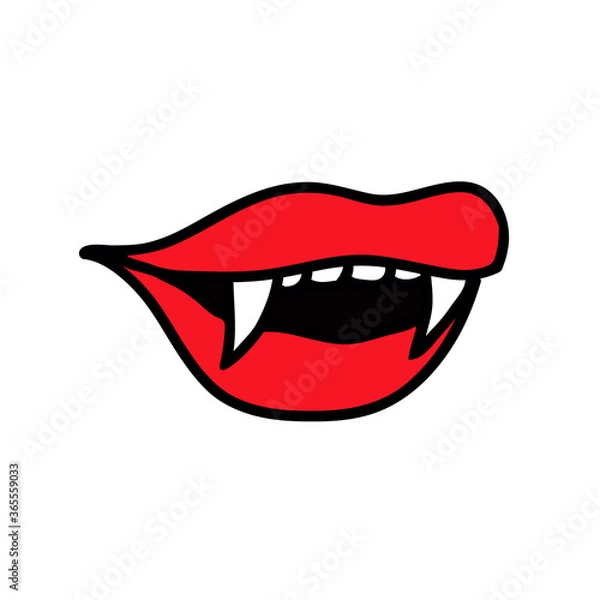 Fototapeta Red vampire lips with fangs vector icon Scary Haloween sticker.