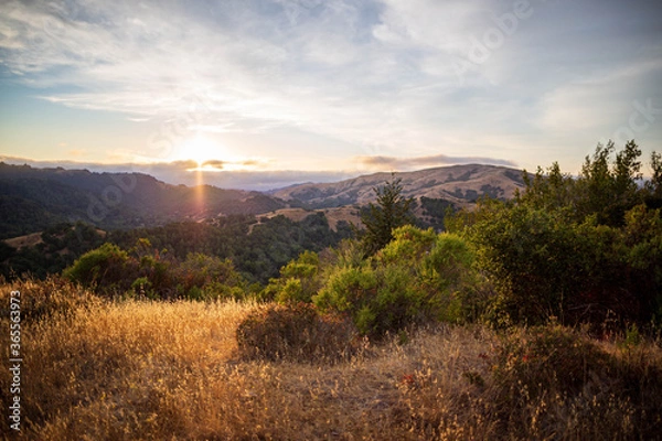 Fototapeta Sun set over distant fog bank casts golden glow over beautiful landscape in the Marin Headlands