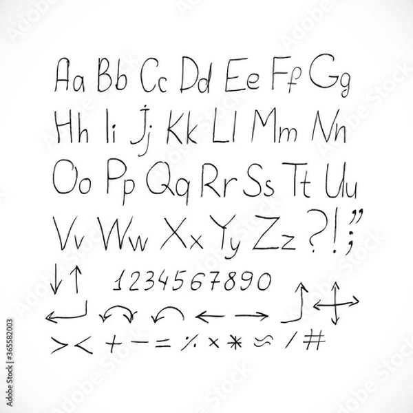 Fototapeta Vector doodle alphabet, sign and symbols isolated on white background
