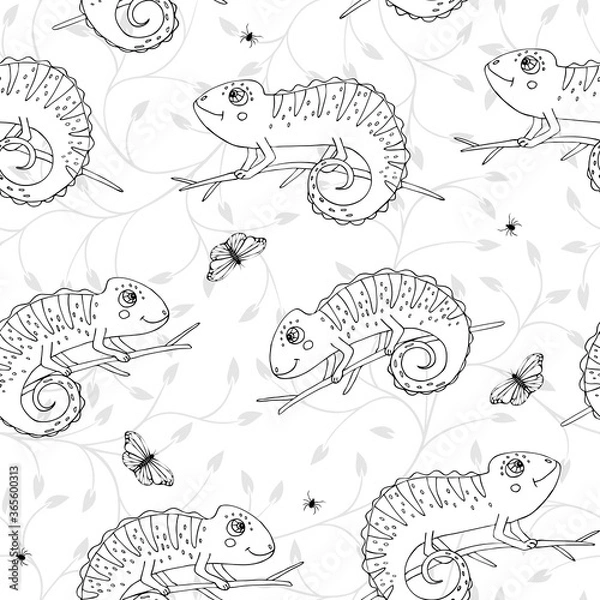 Fototapeta Seamless pattern with cute doodle chameleons with insects on white background. Reptile pattern with doodle chameleons. Ideal print for kids clothes and case phone..
