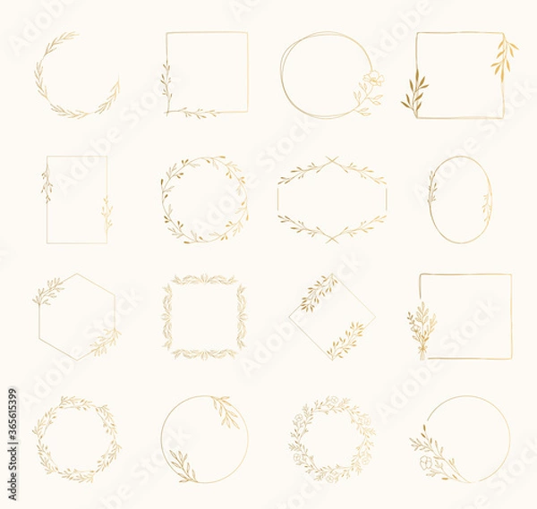 Fototapeta Set of elegant golden frames with botanical design elements. Fancy ornate borders for wedding hand drawn design. Vector isolated illustration.