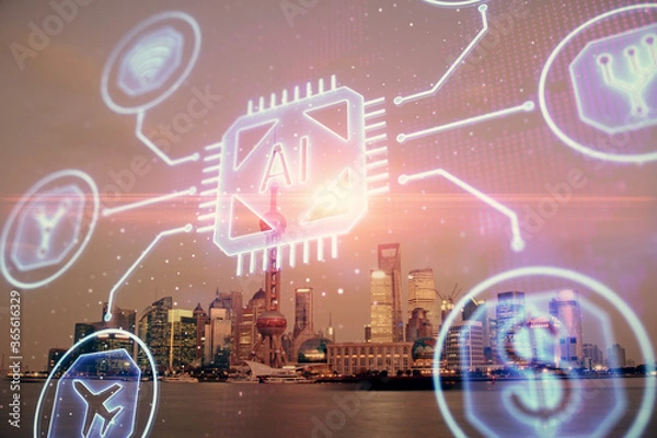 Fototapeta Data theme hologram drawing on city view with skyscrapers background double exposure. Ai concept.