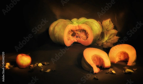 Obraz Zucca con mela e foglie autunnali bella composizione di fine art