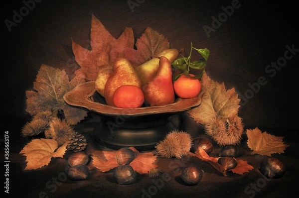 Obraz Pere ,mandarini,castagne con fruttiera e foglie secche