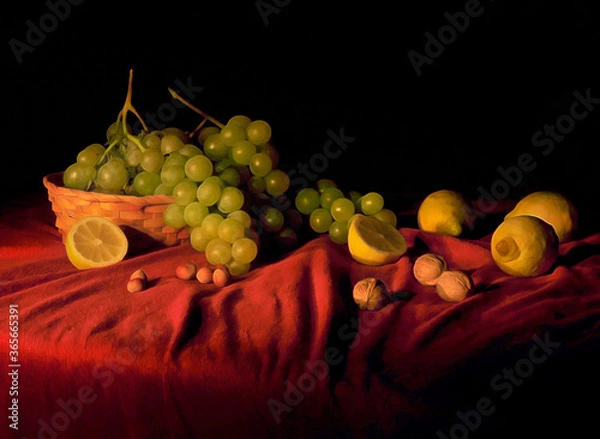 Obraz Wihte grapes in a wicker basket with lemons and nuts