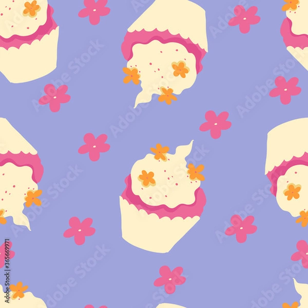 Fototapeta Bright, simple and cute summer pattern with cute cupcakes and flowers. Summer party and 60s vibes