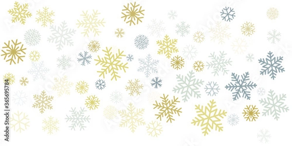 Fototapeta Christmas snowflakes background with place for text. Winter gold and silver snow minimal decoration on white, greeting card. New Year Holidays subtle backdrop. Vector illustration EPS 10