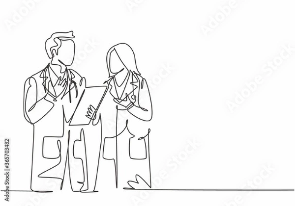 Fototapeta Single continuous line drawing of young male and female doctors talking and discussing patient medical record. Medical health workers service concept one line draw design graphic vector illustration