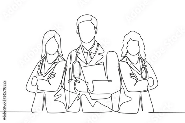 Fototapeta One continuous single line drawing group of young male and female doctors pose standing together while holding medical report. Teamwork medical concept single line draw design vector illustration