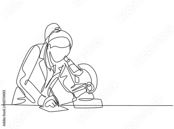 Fototapeta One continuous line drawing of female scientist researching antibiotic formula using microscope to find covid vaccine. Coronavirus medical research concept single line draw design vector illustration