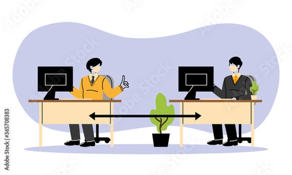 Fototapeta male and female workers wearing face masks in the office with distance allowed