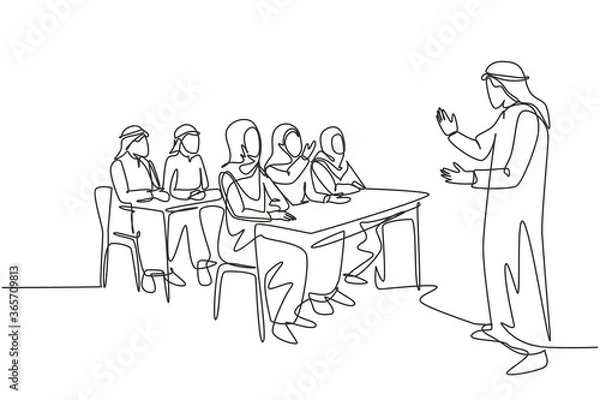 Fototapeta Single continuous line drawing of young muslim business founder do presentation during team meeting. Arab middle east cloth shmagh, kandura, thawb, robe. One line draw design vector illustration