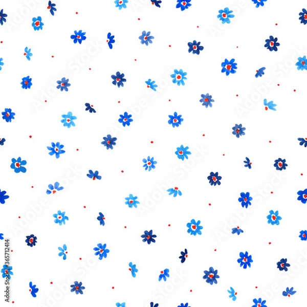 Obraz Watercolor seamless floral pattern with small blue flowers and red dots on white background