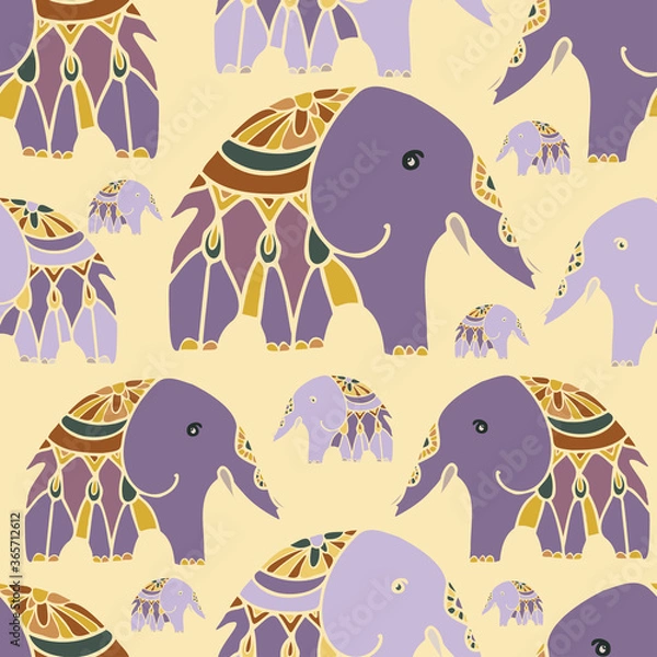Obraz Seamless vector design pattern with a violet elephant on yellow background