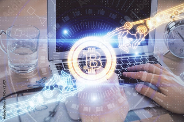 Obraz Blockchain theme hologram with man working on computer on background. Concept of crypto chain. Double exposure.