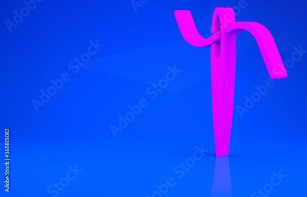 Fototapeta Pink Needle for sewing with thread icon isolated on blue background. Tailor symbol. Textile sew up craft sign. Embroidery tool. Minimalism concept. 3d illustration. 3D render.