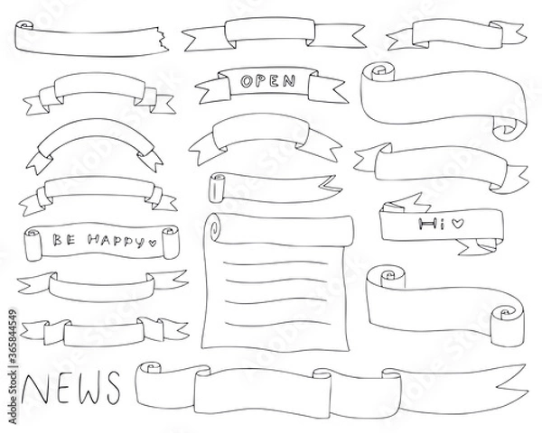 Fototapeta Outline ribbon collection. Set of hand drawn banners. Simple ribbons clip art in vector.