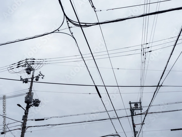 Fototapeta 曇り空と交差する電線