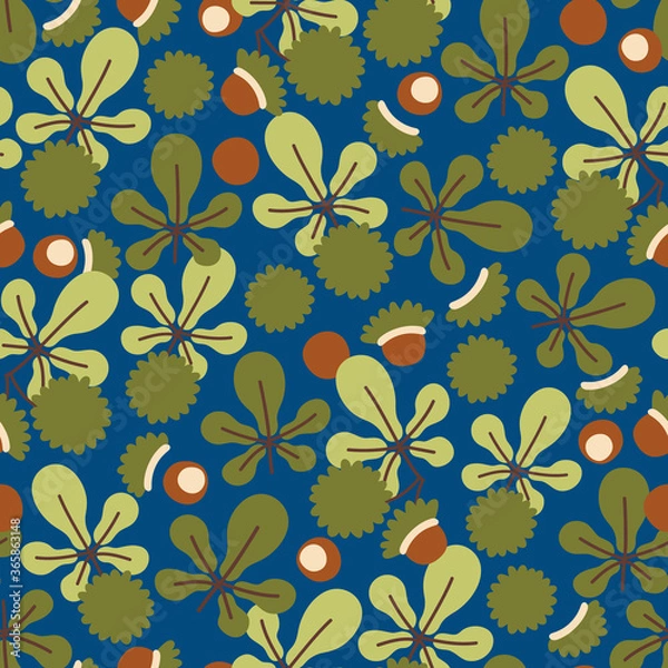 Fototapeta Autumn seamless pattern with  chestnut leaves and horse chestnut fruits. Fall background. Great for fabric, textile, wrapping paper.
