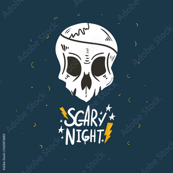 Fototapeta Halloween Design Elements Set. Hand Drawn Cartoon Doodles. Vector illustration. Colored typography poster. Template social madia post. Cute design for greeting card, sticker, party invitation.