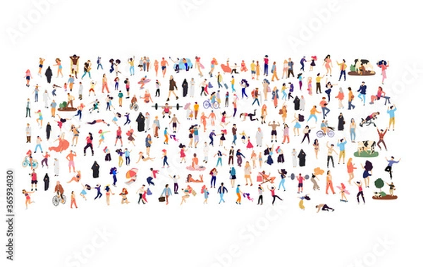 Fototapeta Crowd of flat illustrated people. Dancing, surfing, traveling, walking, working, playing people set. Vector big set