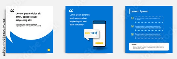Fototapeta Social media tutorial, tip, trick, quick tips, layout template with geometric background design in blue, white, yellow color. Vector illustration