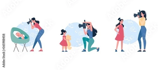 Obraz Mothers take pictures of children. A set of women who shoot at the camera of how their growing up daughters: a baby, a girl with a teddy bear and a teenager, photo. Vector, flat minimal, isolated.