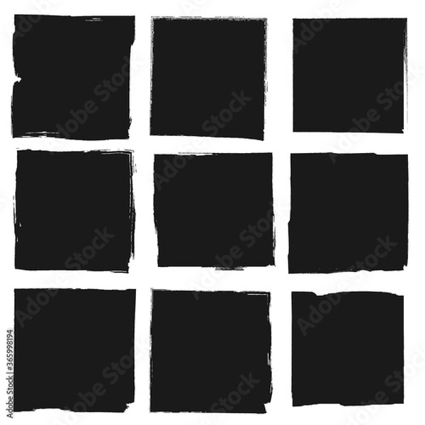 Fototapeta Set of vector square grunge black stickers isolated on white background. A group of labels with uneven rough edges drawn with an ink brush. Vector design elements, 9 square frames