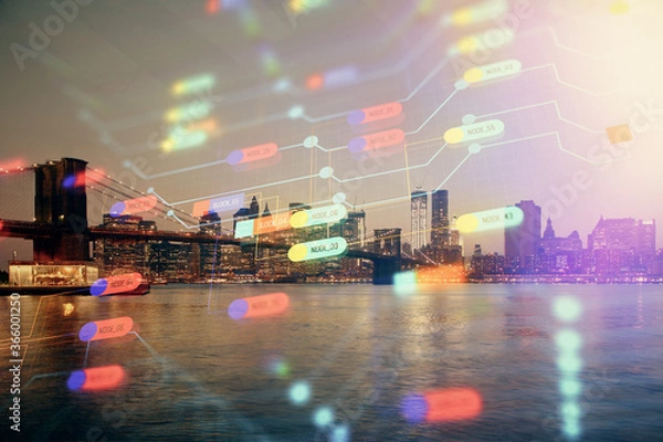 Fototapeta Data theme hologram drawing on city view with skyscrapers background multi exposure. Ai concept.