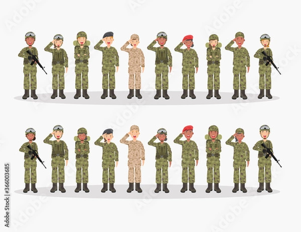 Fototapeta Group of army, men and woman, in camouflage combat uniform saluting. Cute flat cartoon style. Isolated vector illustration.