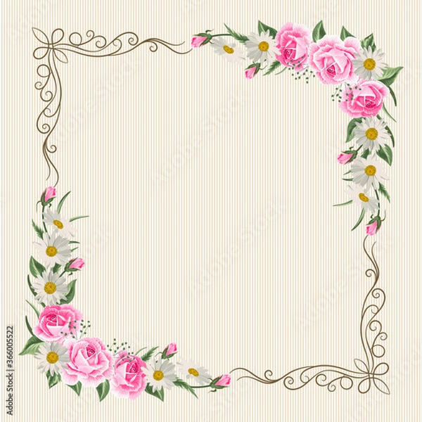 Obraz Beautiful vintage frame with flowers on striped background