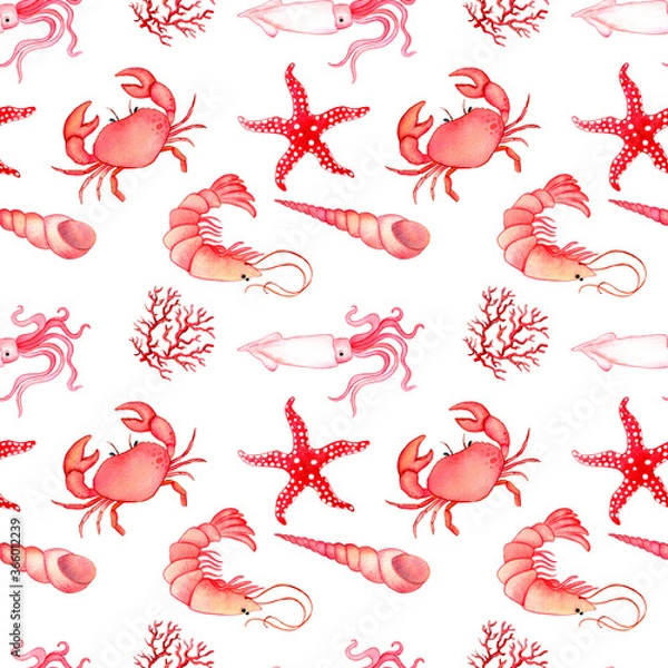Fototapeta watercolor seamless pattern with starfish, crab, shrimp, coral and squid