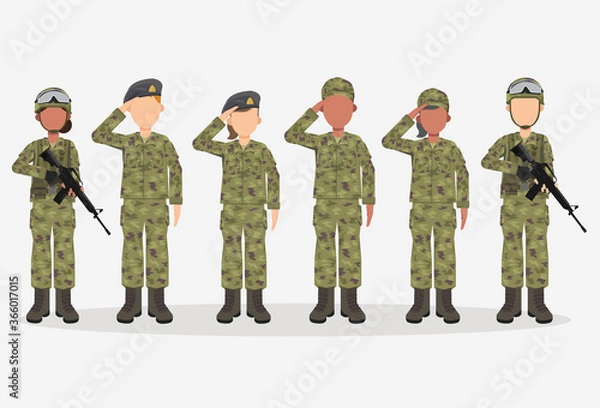 Fototapeta Group of army, men and woman, in camouflage combat uniform saluting. Cute flat cartoon style. Isolated vector illustration.