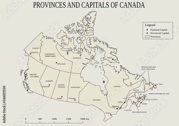 Fototapeta Map of provinces and capitals of Canada