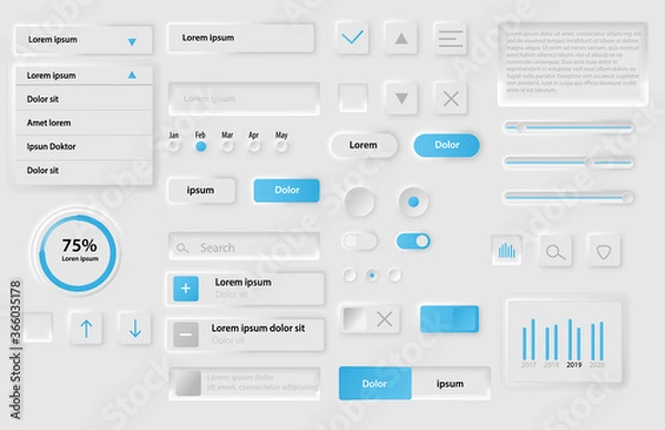 Fototapeta Neomorphic UI UX white design elements kit vector template for Mobile and Web apps Neomorphism style