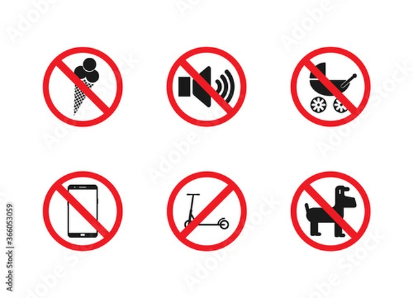 Fototapeta Set of signs prohibiting entry into the premises: ice cream, phone on, baby carriage, scooter, animals, loud sounds.