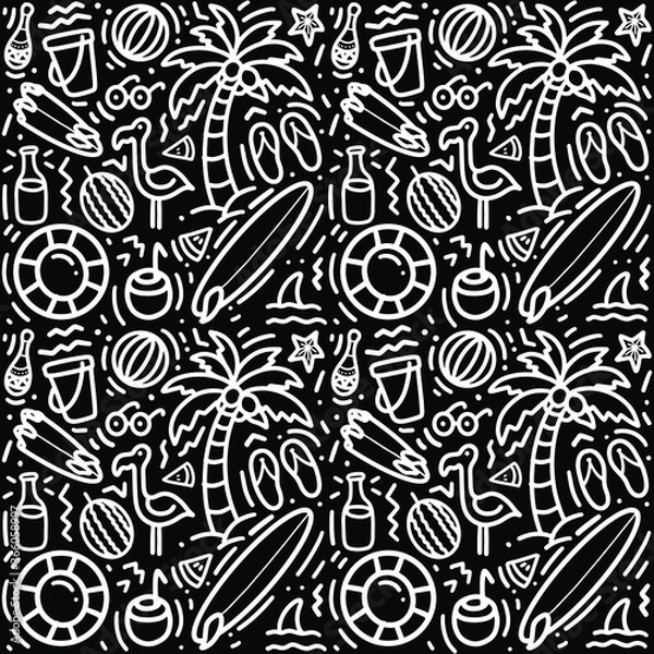 Obraz Colorful seamless summer pattern with hand drawn beach elements such as sunglasses, palm, watermelon slice, coconut, bottle, starfish, flamingo, lifebelt. Fashion print design, vector illustration