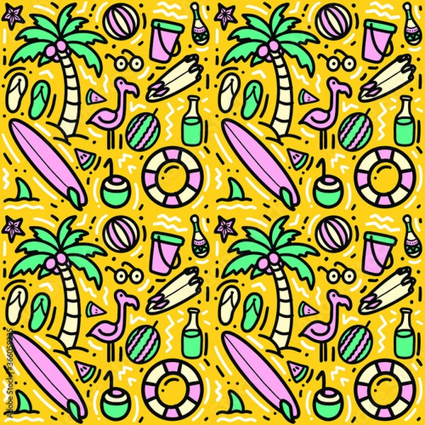 Fototapeta Colorful seamless summer pattern with hand drawn beach elements such as sunglasses, palm, watermelon slice, coconut, bottle, starfish, flamingo, lifebelt. Fashion print design, vector illustration