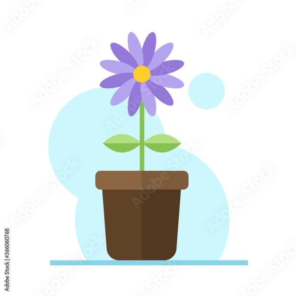 Fototapeta Purple flower in pot flat illustration. Color vector icon. Purple flower with green leaves in pot vector illustration. Floral business concept