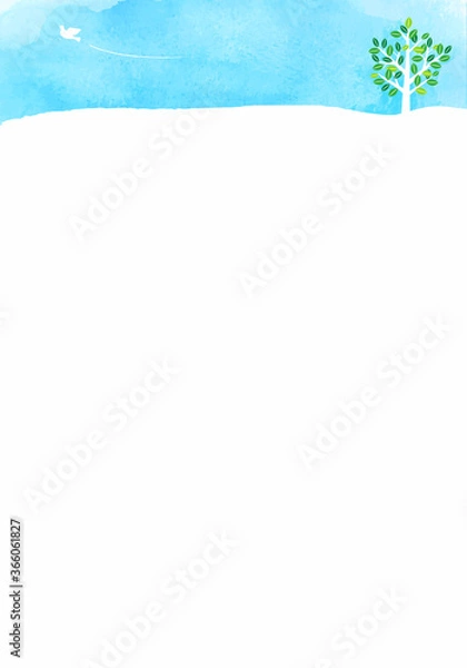 Fototapeta 水彩の空と、白い鳩と木