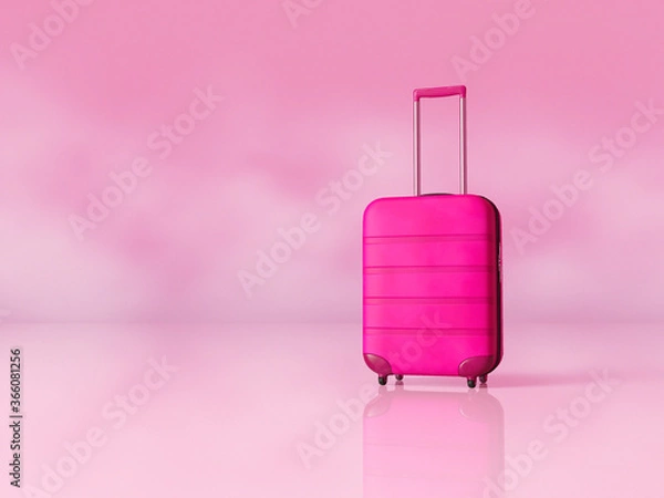 Fototapeta Pink suitcase luggage bag on pink background. Travel concept mockup with copy space.